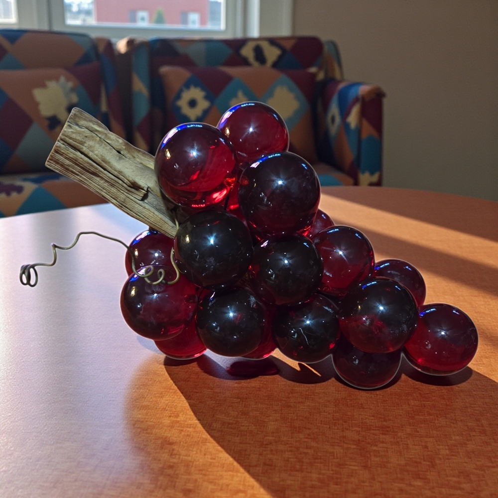 Rare MCM Red Lucite Grape Cluster with Wood Stem Iconic Mid-Century Modern
